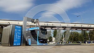 Moscow, Russia-September 2017:The concept of urban transport .Blue electric bus at the charging station.