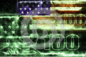 Concept of USA monetary and finance systems. One hundred American dollars banknote in glowing lines and with national flag overlay