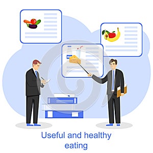The concept of useful and healthy food. A man shows a pointer to a banner with healthy products. Vector illustration.