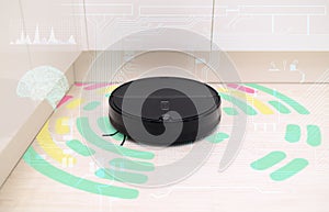 The concept of using sensors for the robot vacuum cleaner to achieve optimal movement and cleaning. Smart home technology of the f