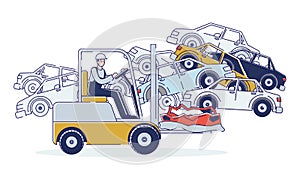 Concept Of Utilization Of Vehicles. Man Is Working On Junkyard Sorting Old Used Automobiles And Piles of Damaged Cars