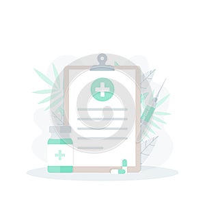 Concept of vaccination, health check up, health insurance, medical history. Clipboard, Vector illustration, flat design
