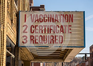 Concept of vaccination mandate for entry into public areas on cinema board