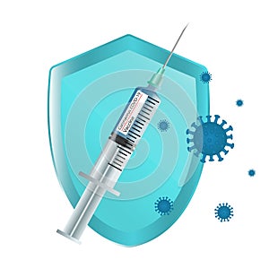 The concept of vaccination.Vaccination against COVID-19. Health and safety. A syringe with a vaccine and a virus with a protective