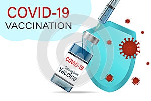 The concept of vaccination.Vaccination against COVID-19. A syringe, a bottle of vaccine and a virus with a protective shield.
