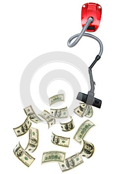 Concept with vacuum cleaner sucking dollars