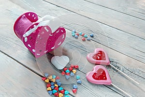 concept of Valentine's Day is a heart-shaped sugar candy with a gift box. gift and congratulations on Valentine