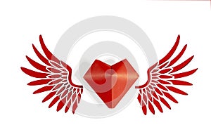 The concept of Valentine`s day. Red heart with red angel wings on a white isolated background