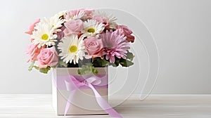 A concept for Valentine's Day or Women's Day. Flowers in gift boxes on a delicate background, a place for text