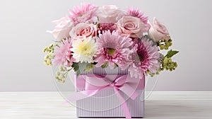A concept for Valentine's Day or Women's Day. Flowers in gift boxes on a delicate background, a place for text