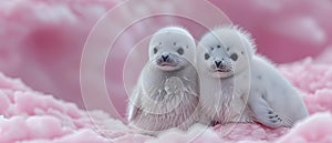 Concept Valentines Day Theme Two Adorable Fluffy White Baby Seal Toys on a Pink Background