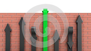 Concept of various solutions to problems green arrows go through the wall or turn around 3d render on white brick wall