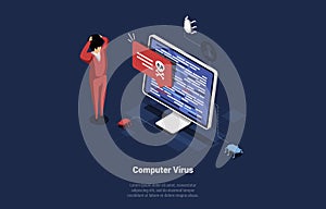 Concept Vector Illustration Of Computer Virus Alert. Cartoon Isometric Male Character Shocked Near PC Screen With