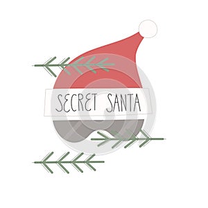 Concept vector illustration lettering Secret Santa with glasses among branches of spruce. Can use for corporate , office