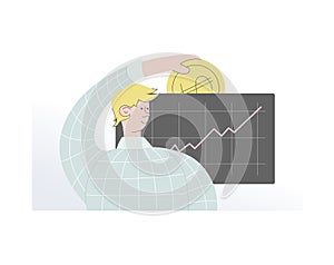 Concept vector illustration trader invest money, dollar, coin to stock market, profit growth, earning increase, make