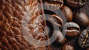 The concept of vegan eco-leather made from Coffee. Polished texture and espresso color of fabric with a scattering photo