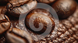 The concept of vegan eco-leather made from Coffee. Polished texture and espresso color of fabric with a scattering photo
