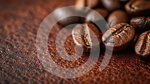 The concept of vegan eco-leather made from Coffee. Polished texture and espresso color of fabric with a scattering photo