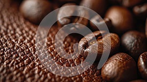 The concept of vegan eco-leather made from Coffee. Polished texture and espresso color of fabric with a scattering photo