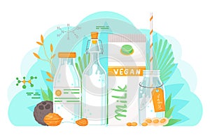 Concept of vegan nut, soy milk in different containers, natural organic dairy free product