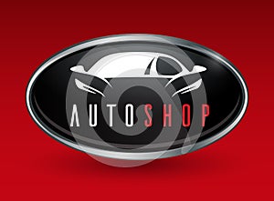 Concept vehicle logo of chrome badge with sports car silhouette