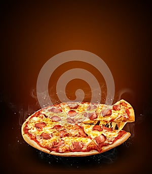 Concept promotional flyer and poster for pizzeria menu with delicious taste pizza pepperoni, mozzarella cheese and copy space