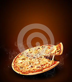 Promocional volantes a póster pizzerías excelente gusto una hoja circular grande de masa ligera queso a copiar espacio 