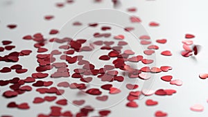 Concept video background for Valentine`s Day.Many red shiny heart shaped confetti falling on the table.Close-up video of falling s