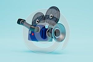 the concept of video shooting. video camera on a blue background. 3D render