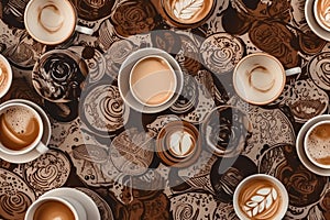 A view from above of the white coffee mugs, brown background, cappuccino, seamless coffeethemed pattern. Generative AI photo