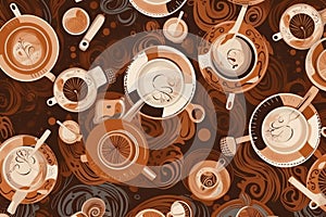 A view from above of the white coffee mugs, brown background, cappuccino, seamless coffeethemed pattern. Generative AI photo