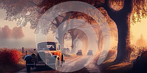 Concept of a vintage car in the middle of a rural road during a misty morning autumn time, AI generated