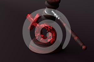 The concept of violation of women`s rights. The judge`s gavel hits the women`s sign. Roe vs Wade. 3D render