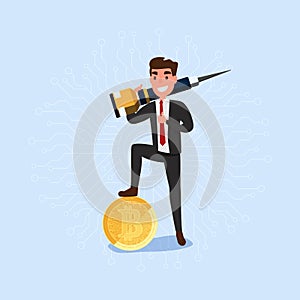 Concept of virtual business digital crypto mining bitcoins. Businessman holds jackhammer mining bitcoins.