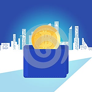 Concept of virtual money digital cryptocurrency. Golden bitcoin in blue wallet. Increasing capital and profits. Wealth and savings