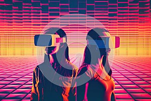 The concept of virtual reality, two Cyber women on the background of a neon grid. Generative ai