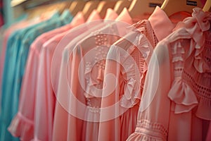 Concept Visual Merchandising, Organized display of pink blouses in a clothing store or wardrobe