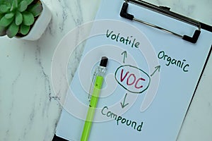 Concept of VOC - Volatile Organic Compound write on paperwork isolated on Wooden Table