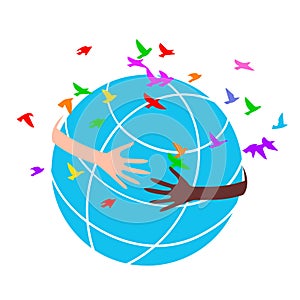 Concept of a volunteer with hands of different skin tones forming a circle around the globe.
