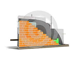 Concept wall construction masonry with thermal insulation 3D render against white background