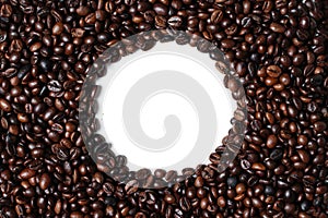Concept wallpaper for a coffee shop. The scattered coffee beans are combined with a plain background.
