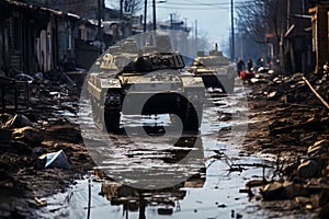 Concept of war. Battle tank circulating through the destroyed city. ia generated
