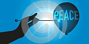 A hand points to a needle on a ball on which the word peace is written.