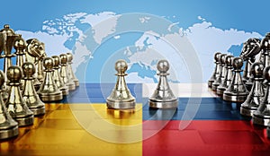 Concept of war between Ukraine and Russia. Chess pieces on board in color of national flags against world map