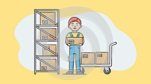 Concept Of Warehouse. Cheerful Worker Is Holding Cardboard Box With Barcode. Man Is Sorting, And Shipment Cargo