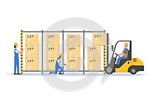 Concept Of Warehouse And Courier Delivery. Storehouse Workers In Uniform Scanning Parcels By Barcode Scanner, Loading