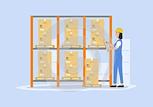 Concept Of Warehouse. Storehouse Cheerful Worker In Uniform Count Parcels And Making Notes. Warehouse With Cardboard