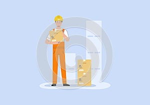 Concept Of Warehouse. Storehouse Cheerful Worker In Uniform Is Holding Cardboard Box In Hands. Fast Delivery Service