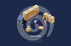 Concept Of Warehouse, Train Freight, Global Business. Storehouse Worker Loading Truck By Cardboard Boxes Using Pallet