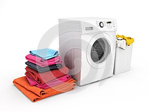 Concept of washing clothes Washing machine with colored towels and washing basket with dirty clothes isolated on white background